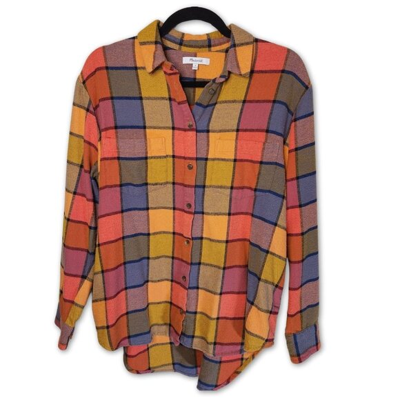 Madewell Flannel Cotton Womens Shirt Orange Windowpane Hi-lo Fall Pumpkin Sunday - Picture 1 of 8